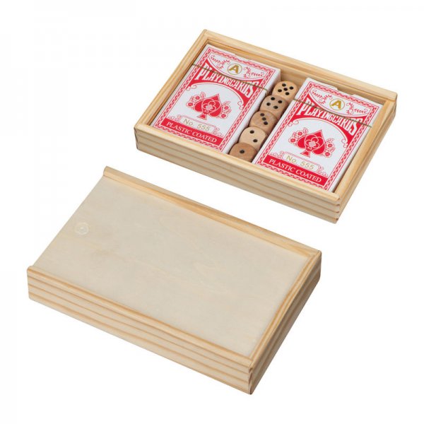 Set de carti de joc in cutie de lemn cu zaruri